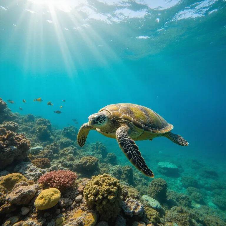 Green sea turtle swimming over coral reef in Watamu Kenya
